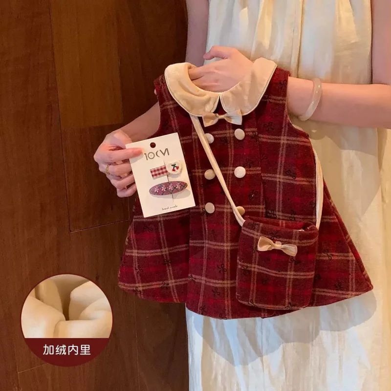 

Girls2025New Autumn and Winter Dress for Baby Girls, Fleece-Lined Red Plaid First Birthday Dress, Tank Dress