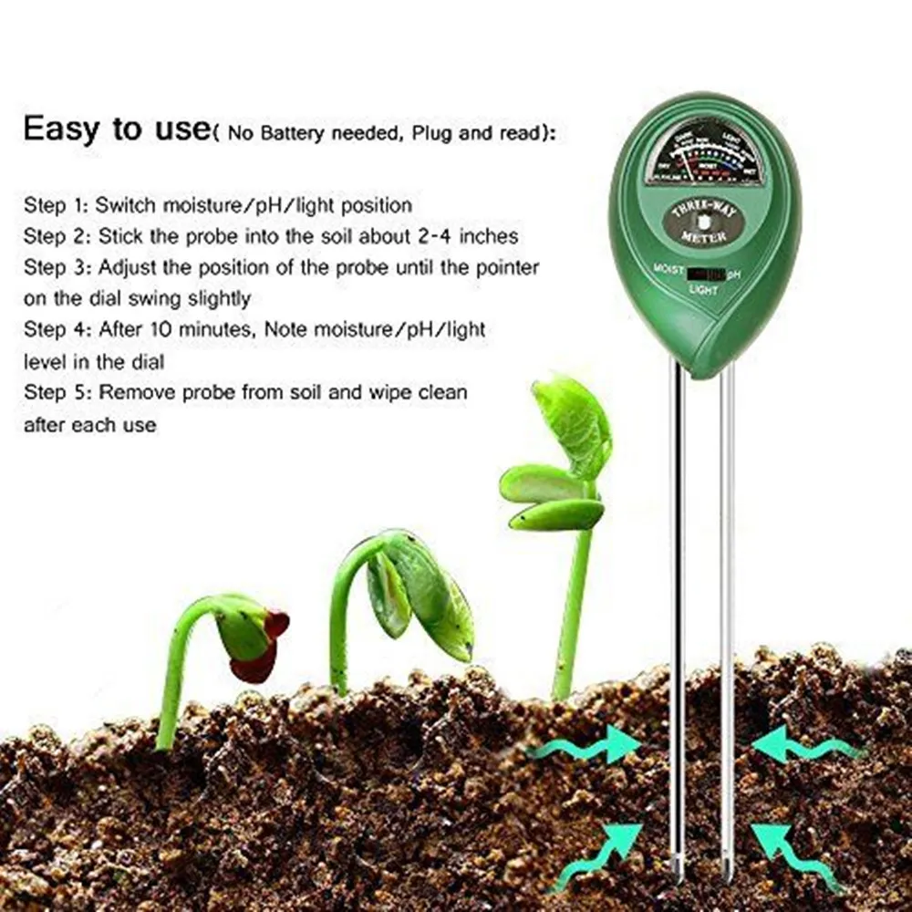 3 in 1 Soil PH Meter Sunlight PH Tester Garden Flowers Soil Moisture Sensor Meter Plants Acidity Humidity PH Monitor Detector