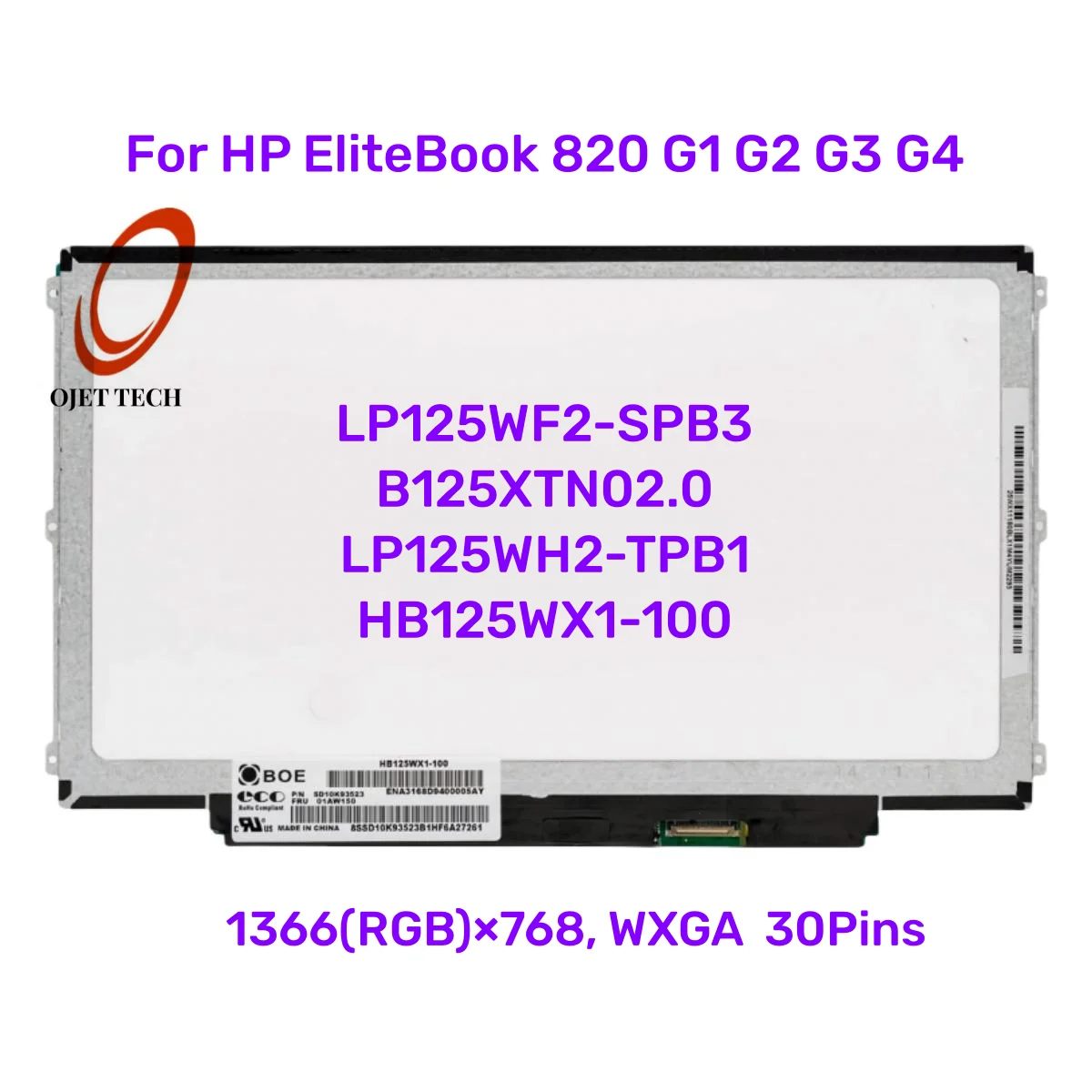 For HP EliteBook 820 G1 G2 G3 G4 1366X768 Display 30PINS 12.5