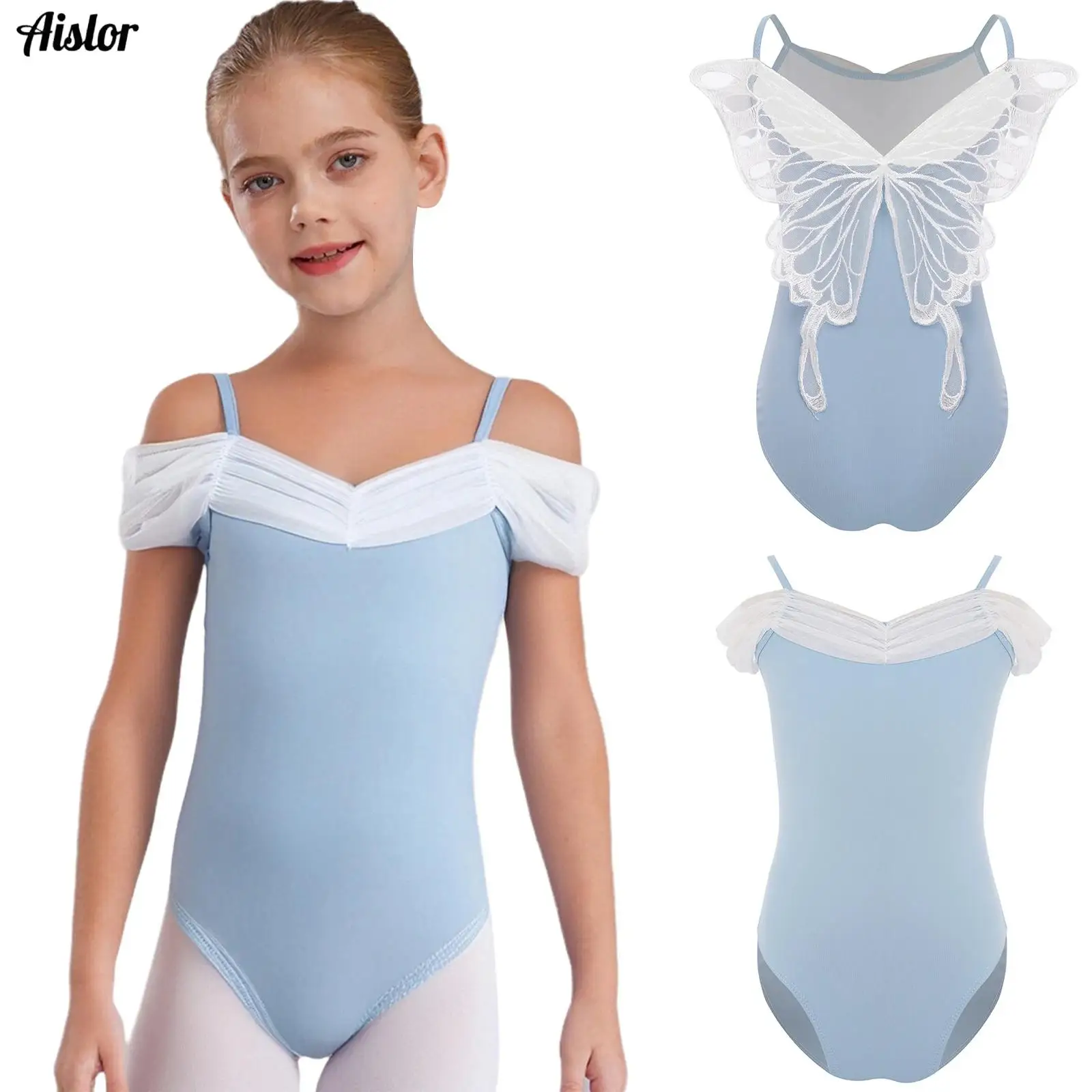 

Kids Girls Ballet Dance Performance Costume Gymnastics Leotard Butterfly Back Ruched Mesh Collar Spaghetti Straps Dance Bodysuit