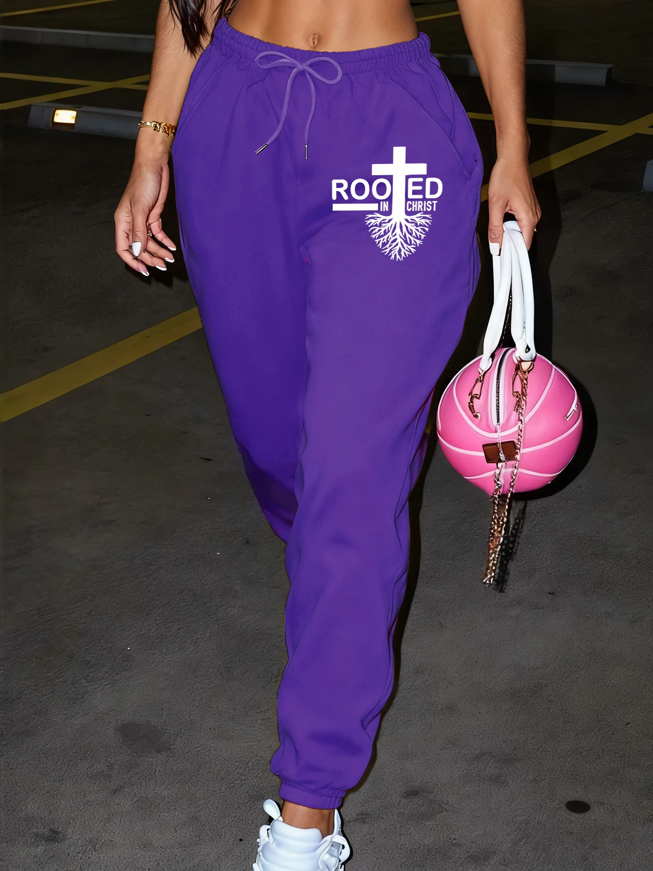 Rooted In Christ Stampa Pantaloni sportivi versatili alla moda Pantaloni lunghi da donna casual da strada Pantaloni in pile caldo Tasca da jogging Britches