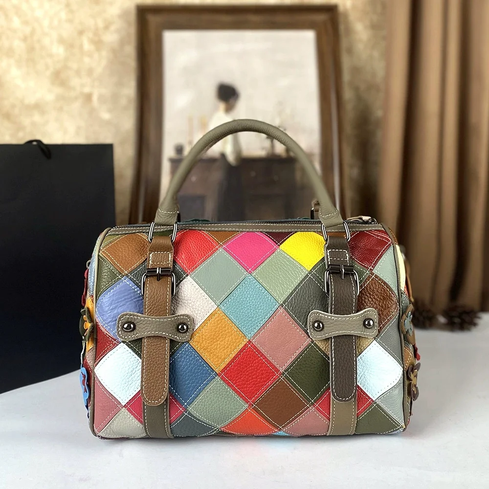 Vintage Women Genuine Leather Handbag Patchwork Floral Cow Leather Tote Bag Casual Flower Ladies Shoulder or Satchel Bags