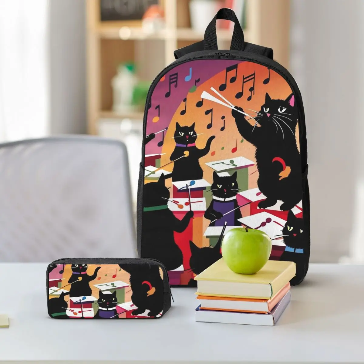 Cat Orchestra Kitten And Music Design Backpack Boys Girls BookBag School Bag Shoulder Bags 3ps Insulated Lunch Bag Pencil Case