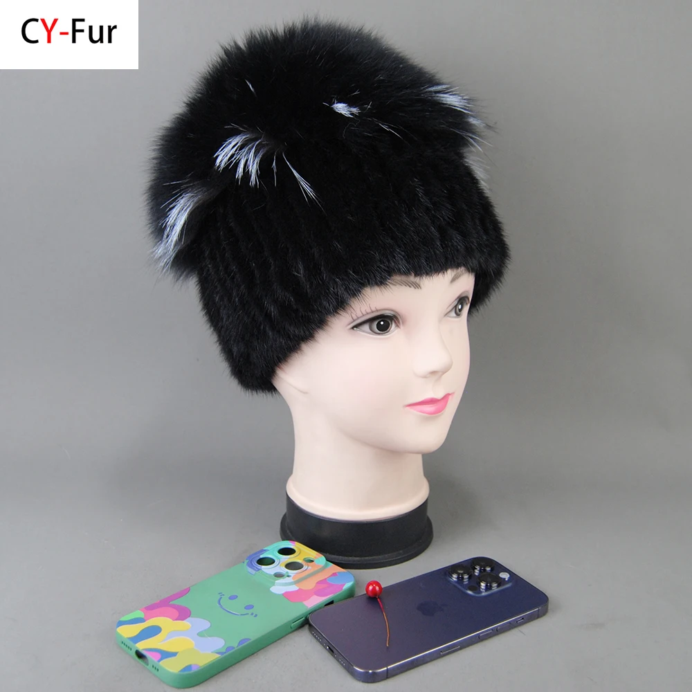 New Arrival Winter Women Luxury Real Mink Fur Hat Natural Warm Mink Fur Cap Top Fox Fur Bomber Caps Knitted Lady Real Fur Hats