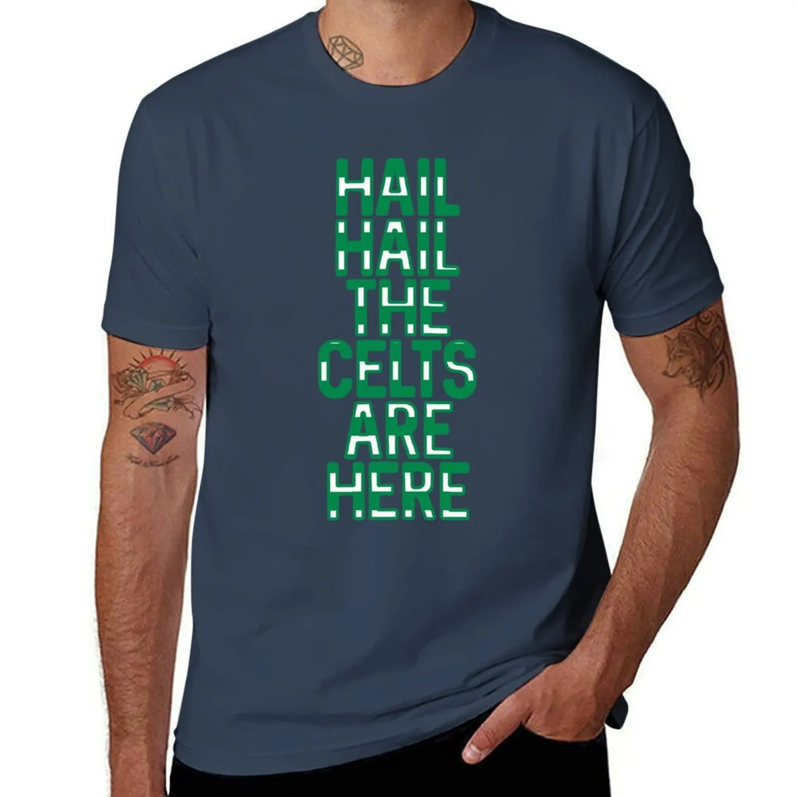 

Hail Hail The Celts Are Here, Glasgow Celtic Football Club Green and White Striped Text Design T-Shirt