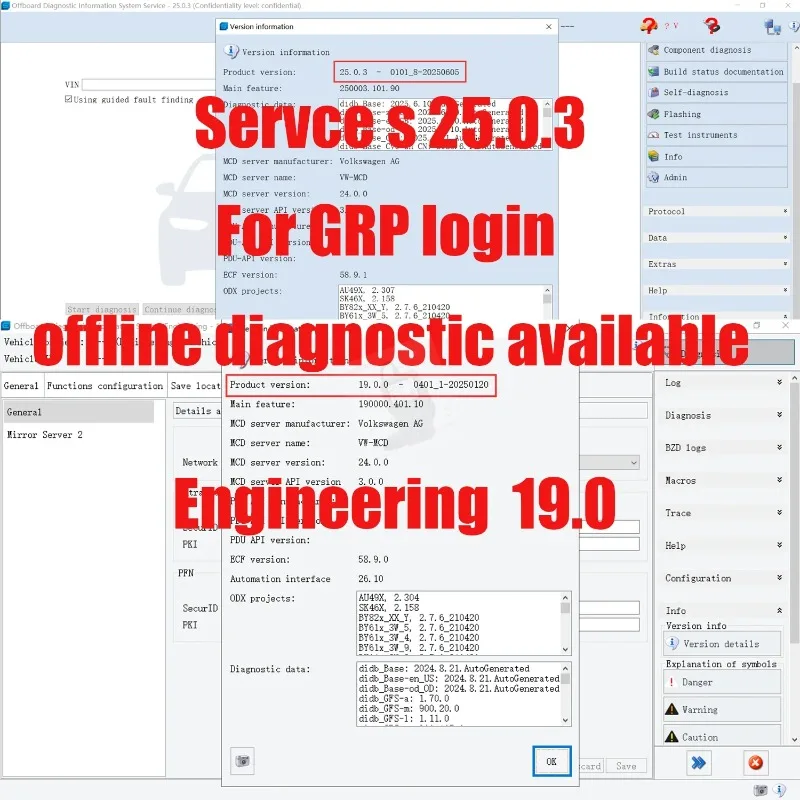 Najnowsza wersja Odis Service 25.2.1 lub S 7.2.1, Odis Engineering 19.0.0 lub 12.2.0, baza danych 5054/6154A dla Au/Di/VW/Se/At z 2026 roku. — 2