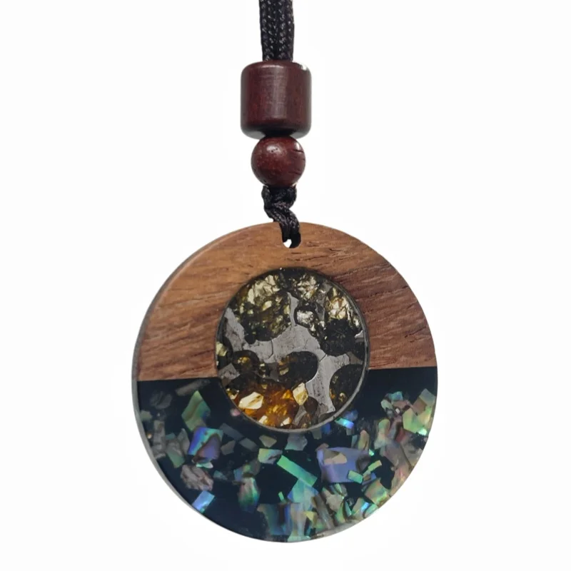 Sericho Meteorite Slice Pendant Natural Olivine Inclusions  Wooden Frame Accessory LK448