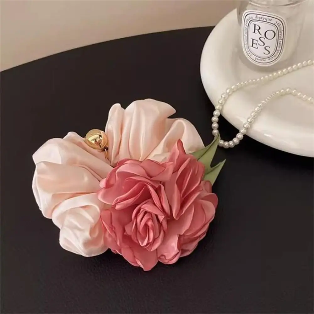 Pink Flower Hair Rope Cute Headwear Korean Style Sweet Scrunchies Bead Headdress Elastic Hair Tie Daily