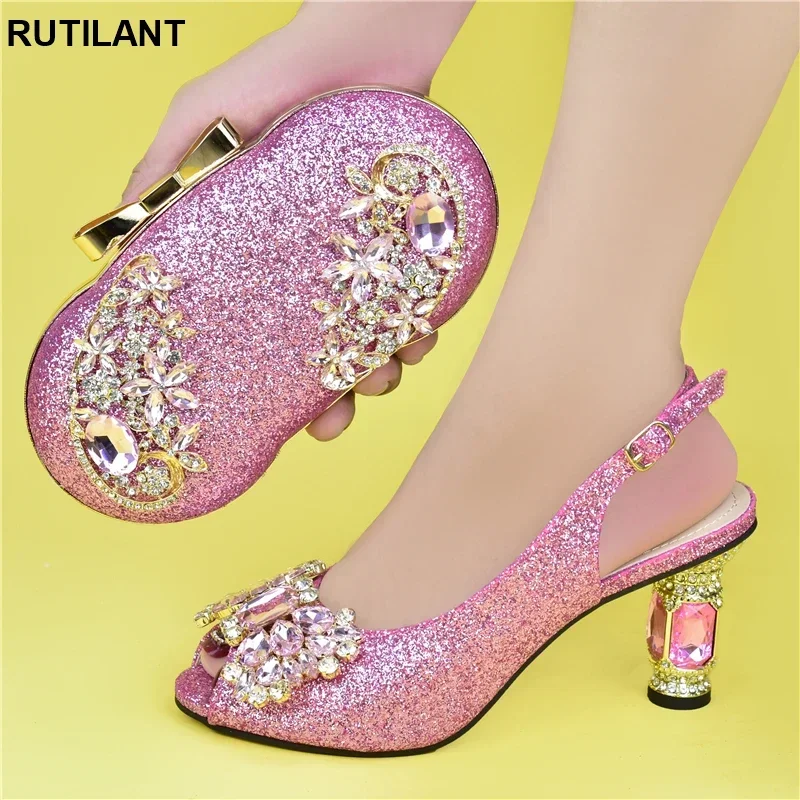 Latest Fashion Women Matching Shoes and Bag Set Decorated with Rhinestone High Heels Sexy Ladies Wedding Shoes for Women Bride