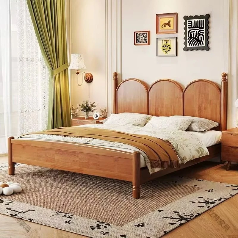 &*Wholesale Cheap Price Vintage Mid-Century Queen Size Double Bed Solid Wood High Quality Soft Bed