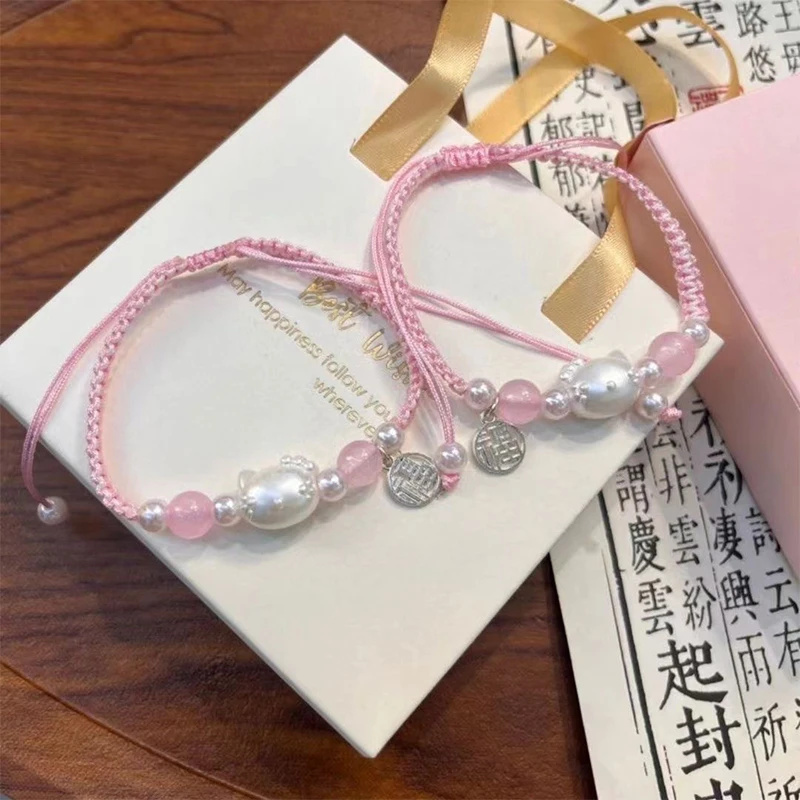 Kawaii Sanrio Hello Kitty Bracelet Lucky Braided Bracelet For Women Girls Sweet Cute Kt Cat Pendant Bracelet Jewelry Accessories