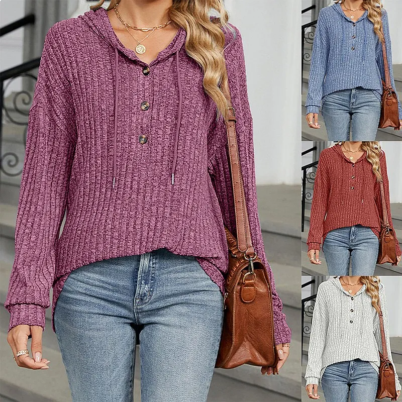 Damen-Kapuzenpullover, einfarbig, mit Knöpfen, lockerer Langarm-Sweatshirt für Frühling und Sommer