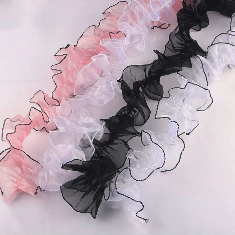 2M Organza Pleated Lace Fabric Beaded Ribbon Ruffle Edge Trim Cloth Skirt Cuffs Sewing DIY Crafts Gift Packing Accessories