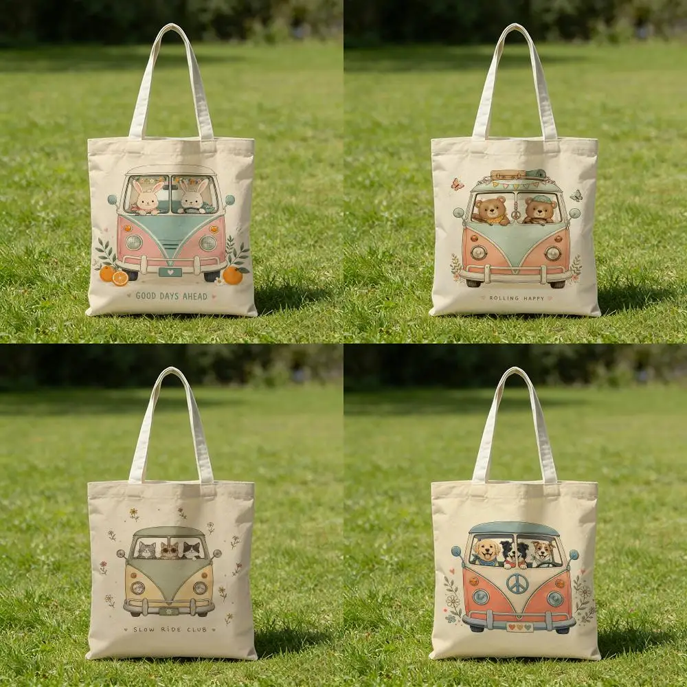 Animal Camper Canvas Tote Bag, Cute Animals Retro Van Double-Sided Print, Reusable Daily Commute Travel Beach Bag And Gift