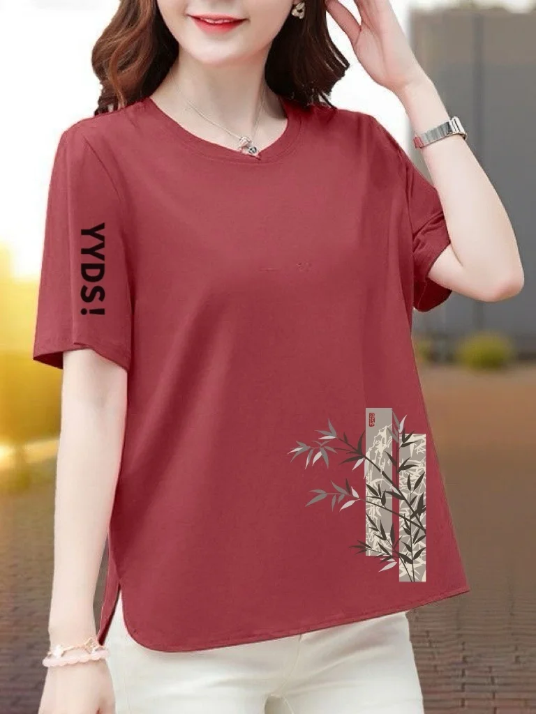 

High-End Red Short-Sleeve Women's T-Shirt Letter Print Asymmetrical Slimming Casual Top Polyester Fiber round Neck Regular Le...