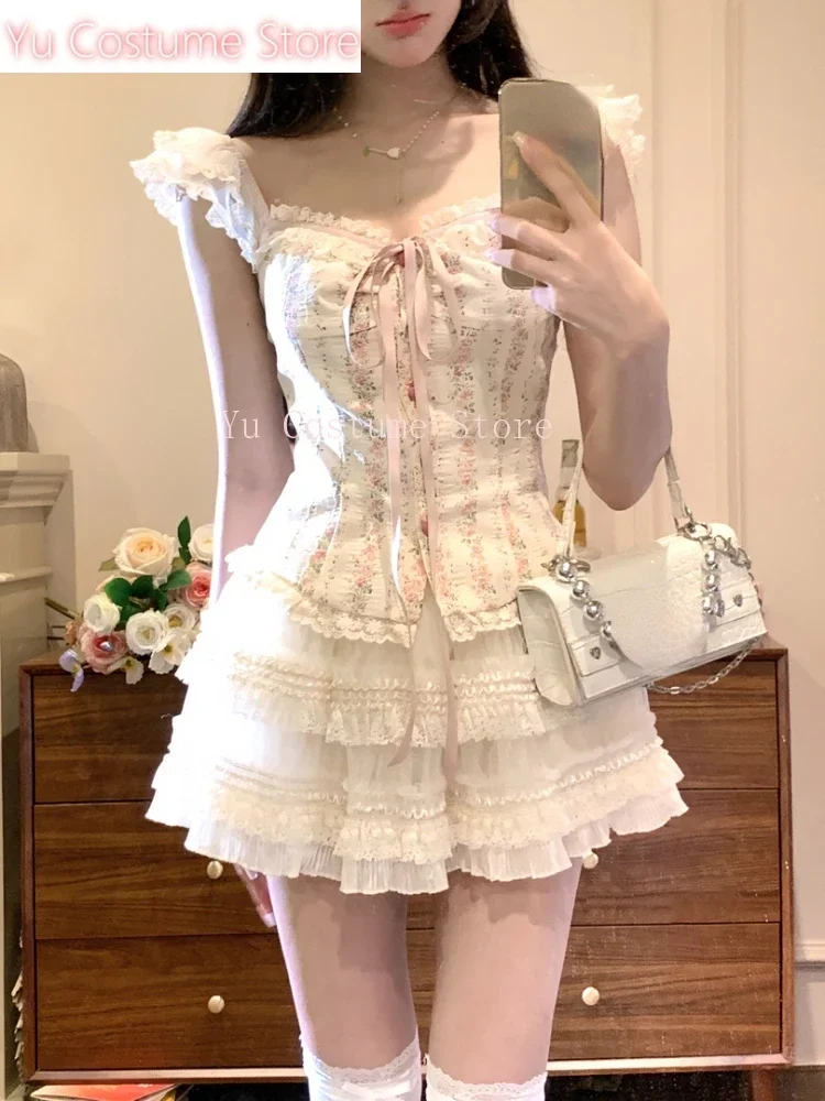 

Yu Cosplay Summer Sweet Lace Print 2 Piece Set Women Bow Strappy Tops Cake Mini SkirtsFemale FashionChic Kawaii Streetwear Suits
