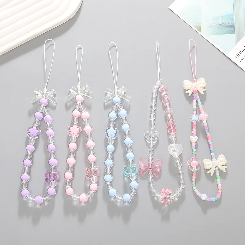 Sweet Heart Bow Flower Mobile Phone Chain Acrylic Telephone Hanging Cord For Women Anti-Lost Telephone Lanyard Strap Wristband