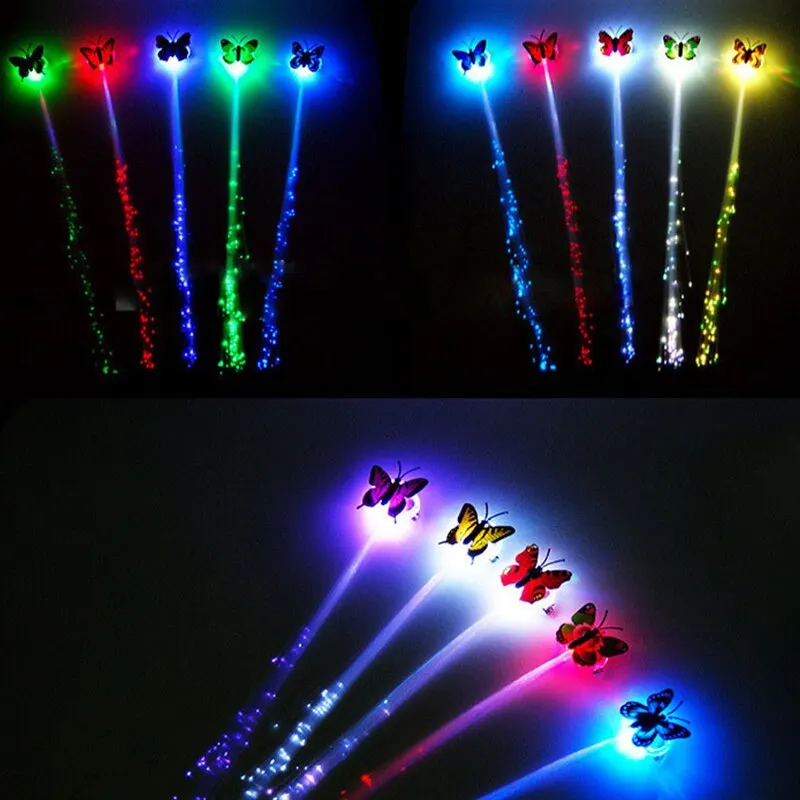 6PCs Colorful Luminous Braids Butterfly Glitter Fiber Optic Hair LED Silk Braids Bar Prom Aid Supplies Hairband Hair Decor