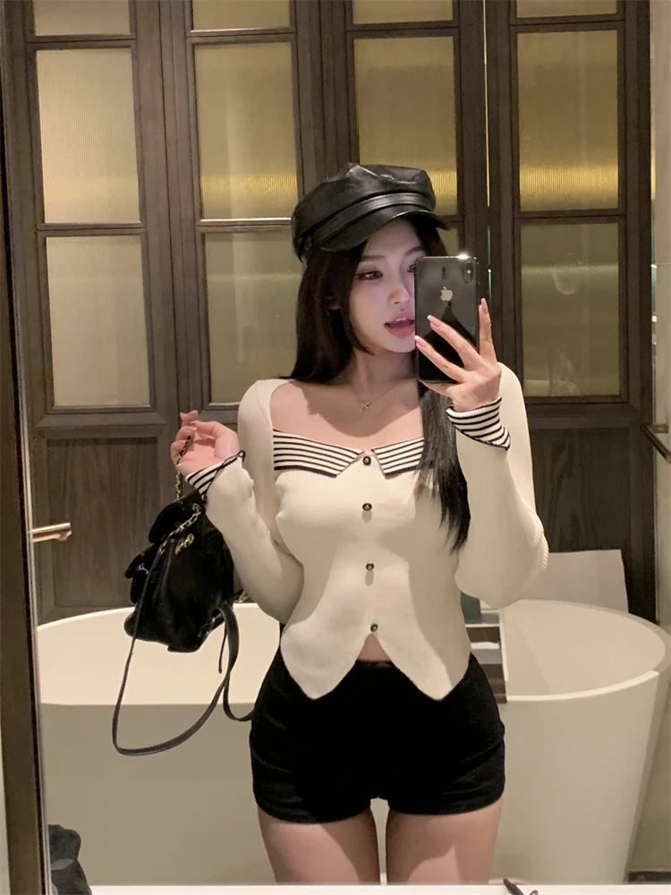 

Sweet Hot Girl Slim Fit Square Collar Knitted Women's Autumn and Winter Sexy Long-sleeved Soft Sweater Fashion Female Clothes