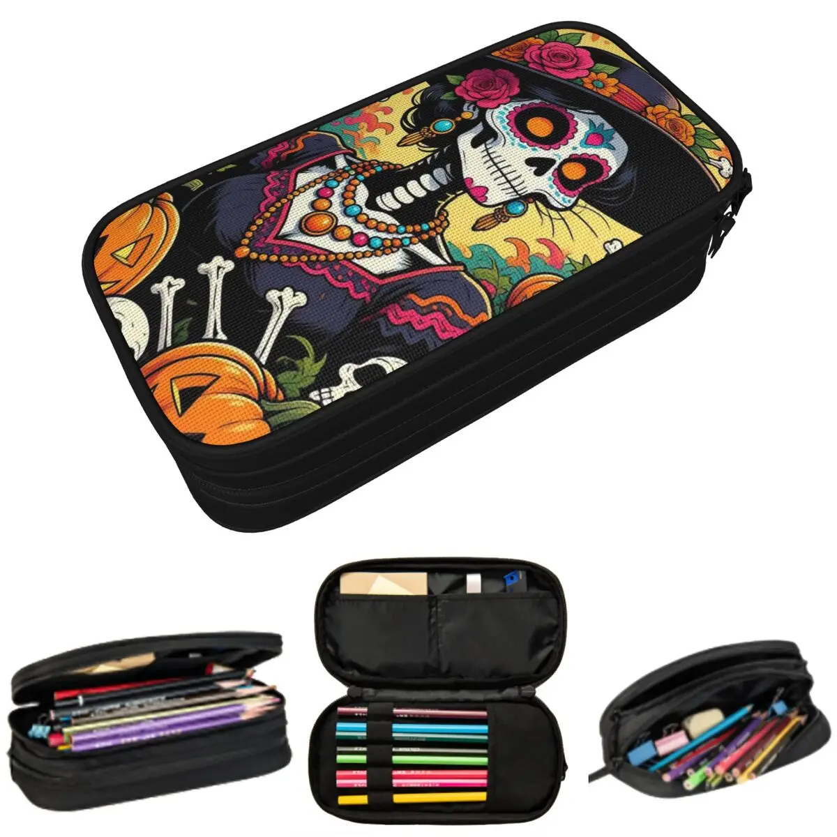 

Mexican Catrina Sugar Skull Day Of The Dead Pencil Case for Kids School Pen Box Pencil Bag Stationery Supplies Pen Holder Bag