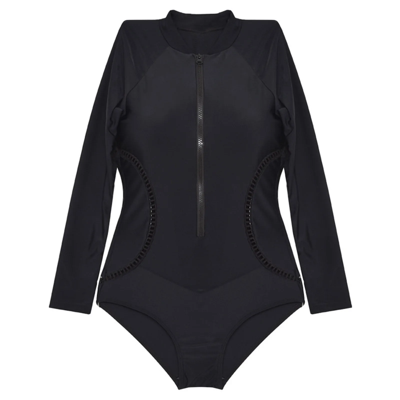 Sexy Zipper Solid Hollown One Piece Swimsuit Women Push Up Long Sleeve Swimwear Tummy Control Spring Summer Beach Mujer Bathing