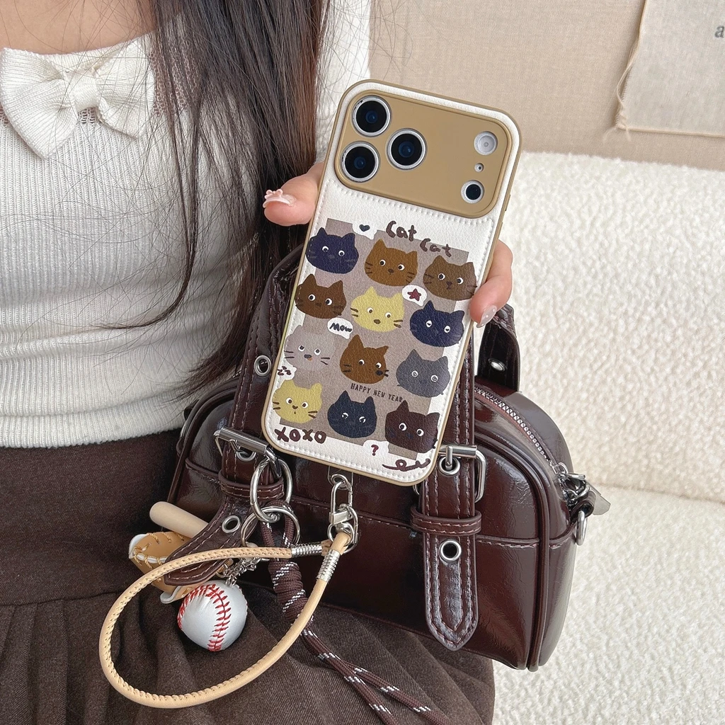 

Чехол из искусственной кожи с милыми мультяшными красочными кошками, граффити и ремешком для телефона для iPhone 17, 16, 15, 14 Pro Max