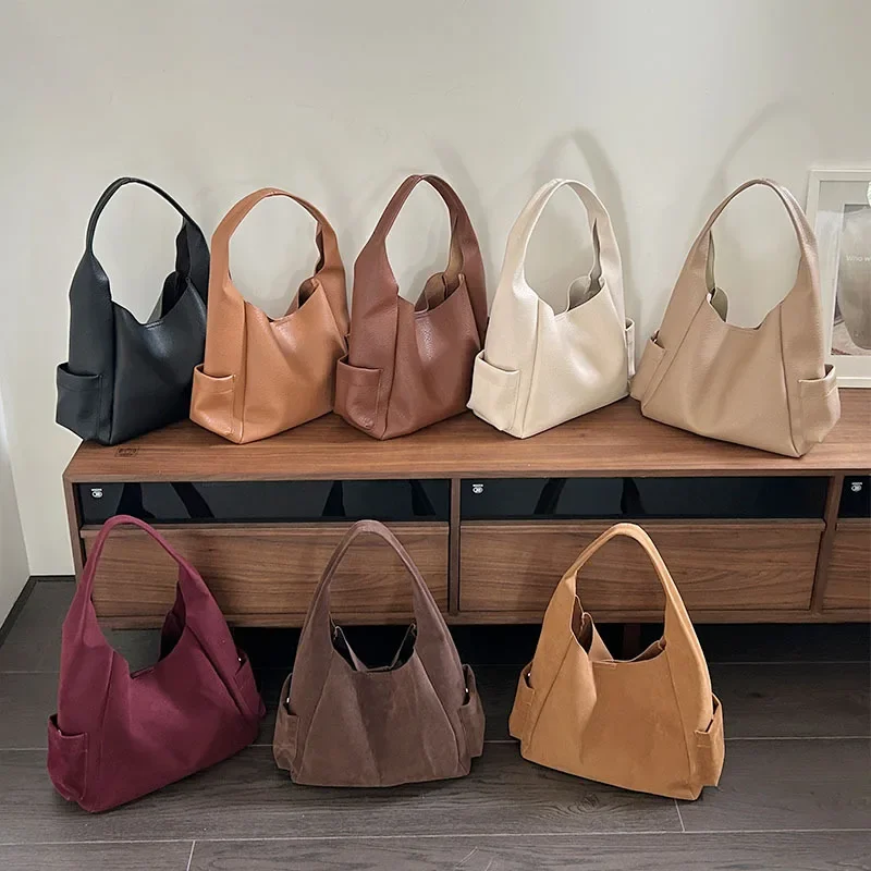 

2025 Vintage Suede Bag Casual Solid Color Shoulder Bag Street Trend Tote Multi-pocket Armpit Bag