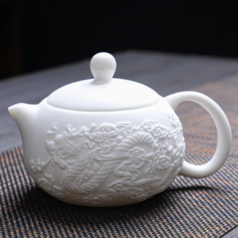 Mutton Fat Jade Relief Dragon Phoenix Teapot Handmade Drinkware Gift Box Tea