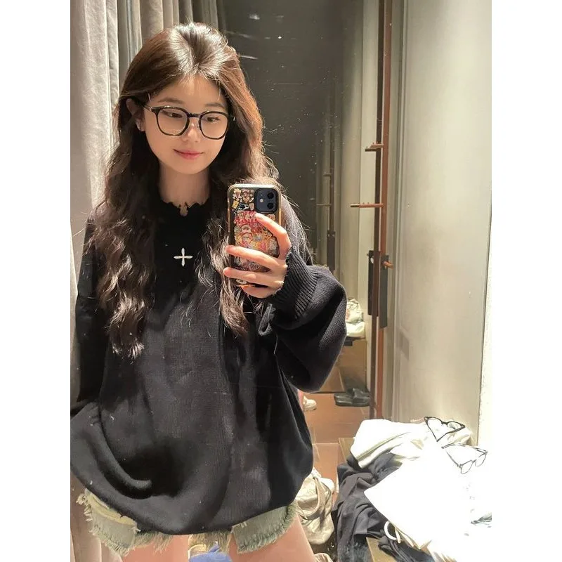 Deeptown Autumn Vintage Black Sweater Women Oversized Gothic Streetwear Korean Fashion Knitted Jumper Winter Aesthetic Pullover