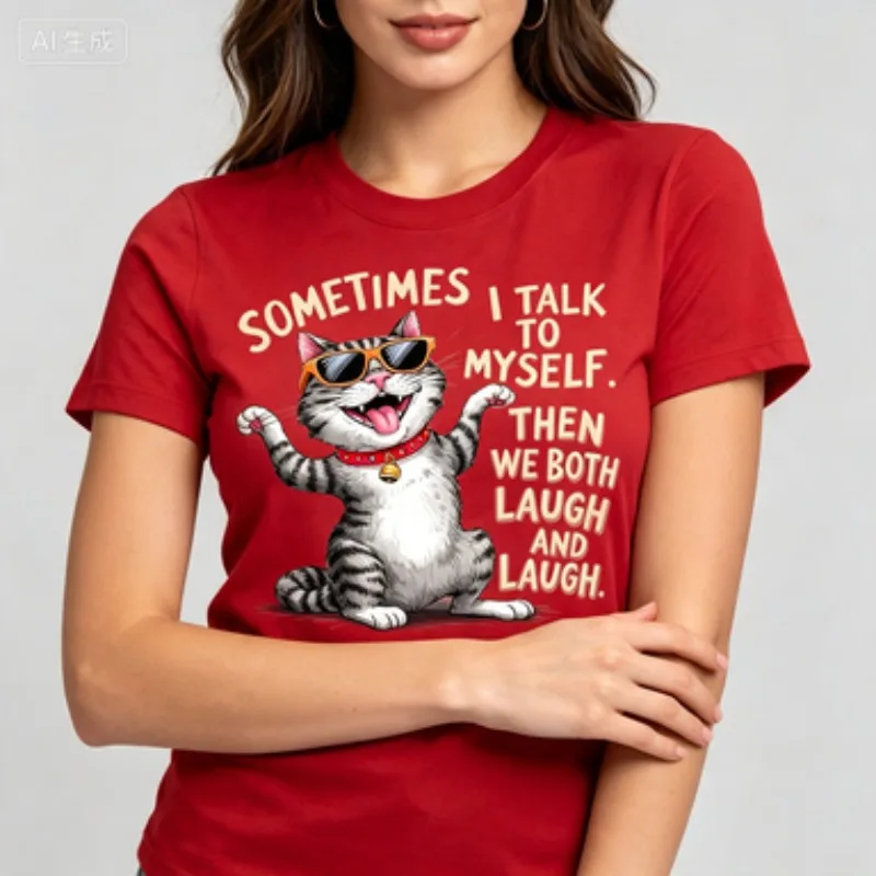 Women Short Sleeve T Shirt Adorable Tabby Cat Graphic Tops, Funny Humor Quote Casual Tees For Cat Lover Animal Enthusiast Daily