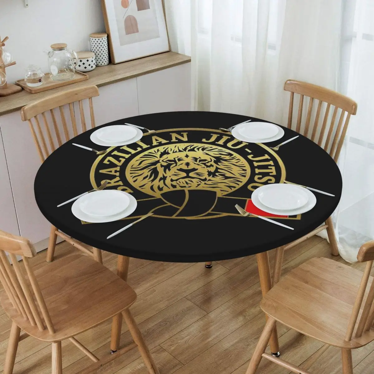 Jiu-Jitsu Warrior Japanese Bjj Gi And Black Belt Mma Round Tablecloth Oilproof Table Cloth for Kitchen Events Dining Table Cover