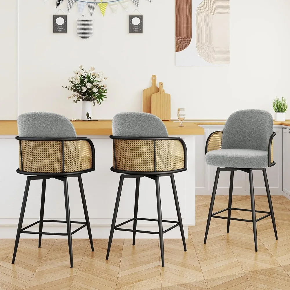 

Set of 3 Rattan Bar Stools, 26" Counter Height Swivel Stools with Back, Boucle Fabric Upholstered Seat Counter Chairs, Modern Ba