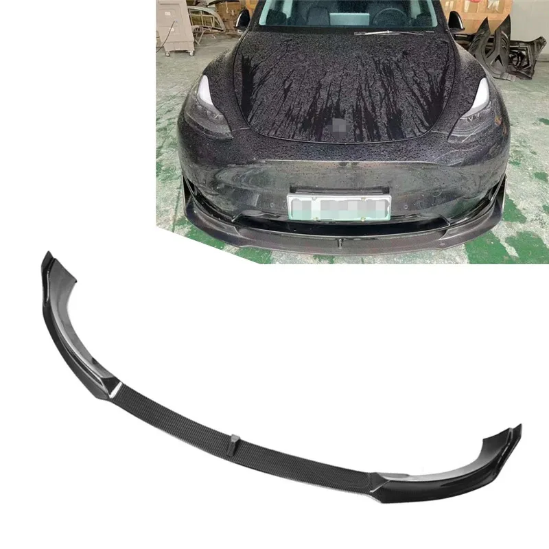 

For Tesla Model Y Glossy Black Front Lip Bumper Trim Dry Carbon V Style Accessory