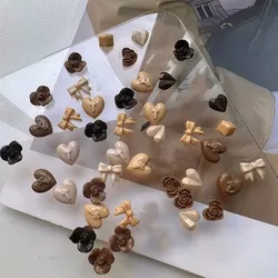 10pcs Mixed Resin Coffee Brown Heart Bow Ribbon Nail Charms 3D Winter Soild Colors Nail Art Decorations Parts Kawaii Accessories