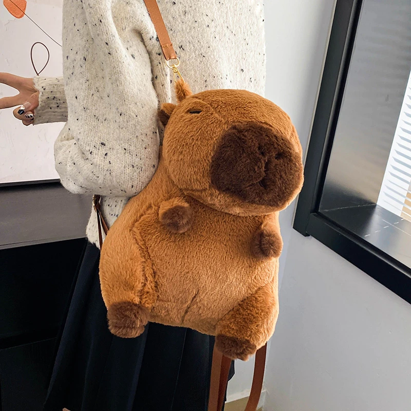 Mochila marrón de felpa para niñas, bolso cruzado de hombro suave, regalos para novia, Kawaii, Capybara, mochila pequeña de viaje