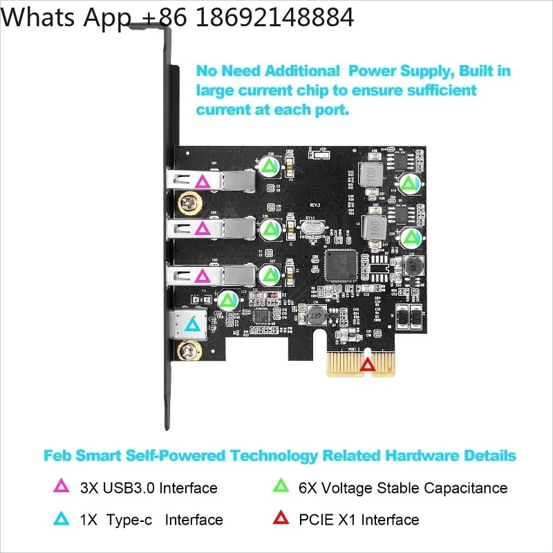 New desktop computer PCIE to USB 3.0, 3 + Type-c 1 port expansion card without external power supply