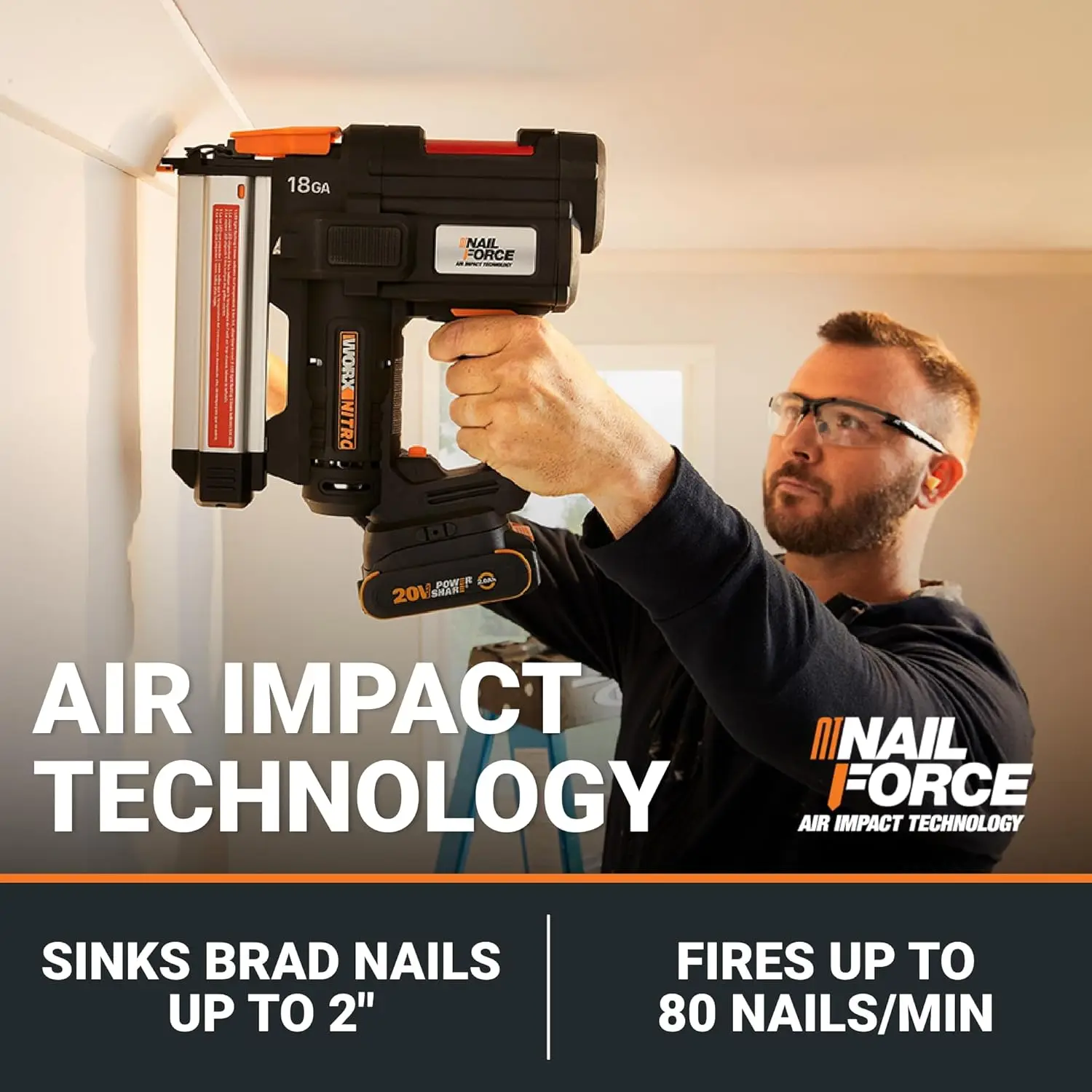 WORX NitroCordless Brad Nailer, Cordless Nail Gun, Nail Gun Battery Powered, Up to 2 Inch, Tool-Free Jam Release, Trimming & Mol