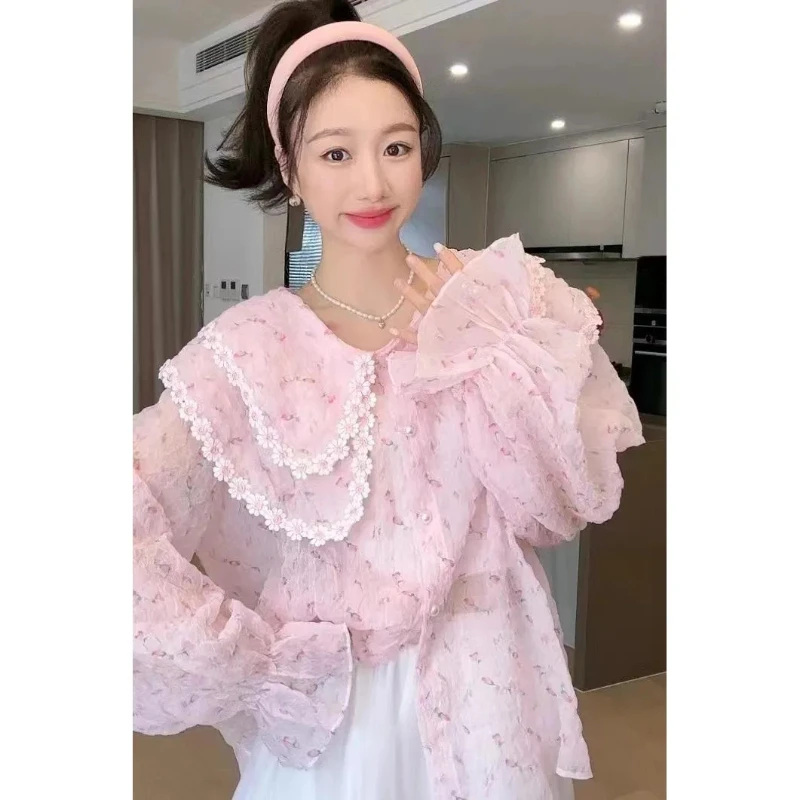 Chemises à col Double couche pour femmes, doux, Floral, manches longues, ample, haut pour dame, imprimé à la mode, chemisiers polyvalents, nouvelle collection 2025