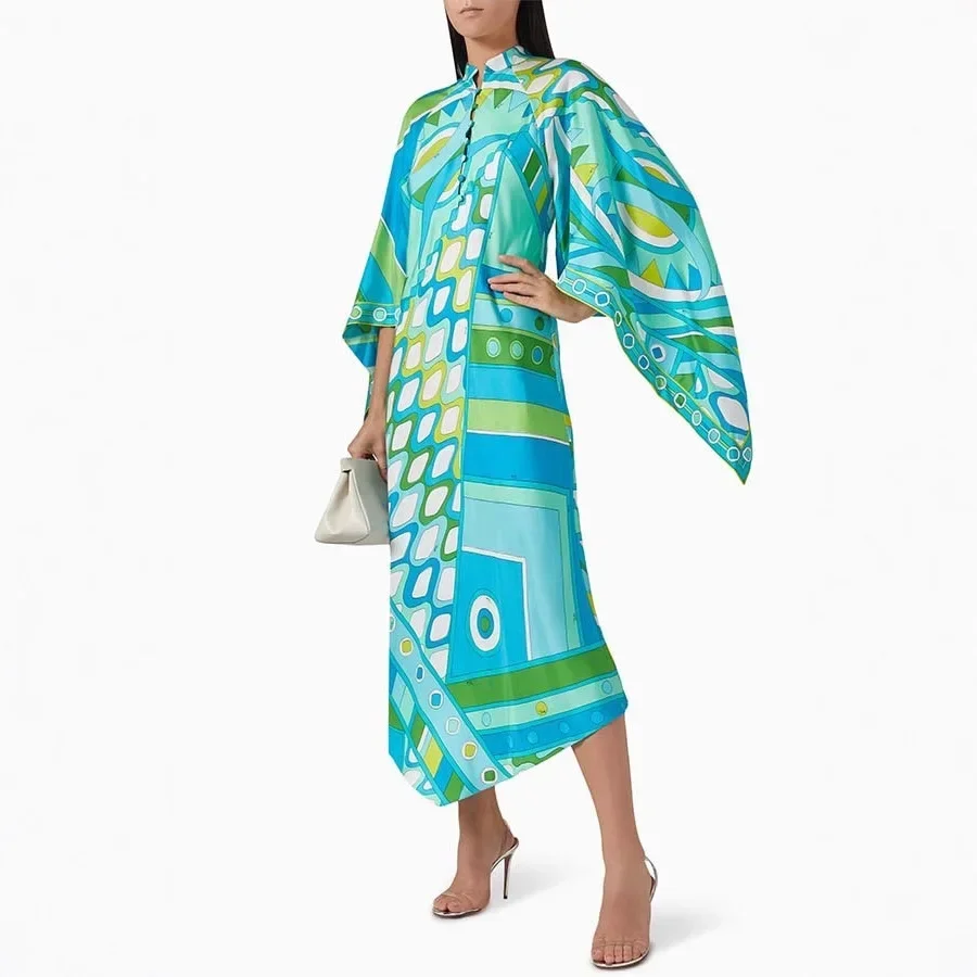 شتاء جديد ملابس منقوشة بكم طويل المرأة فستان ماكسي طويل الخريف الوقوف طوق فستان فضفاض للحفلات