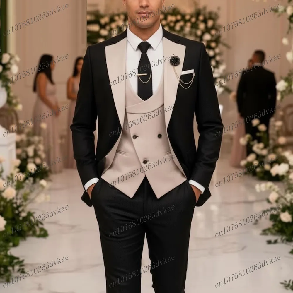 

New Black And Beige Men Suit Wedding Party Formal Groom Groomsman Prom Business Male Tuxedos 3 Piece Set Jacket Vest Pants