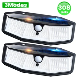 308 LED 태양광 방수 야외 태양광 램프, 모션 센서 라이트 햇빛, 3 가지 모드 가로등, 정원용 LED 스포트라이트