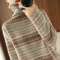 Autumn Winter Turtleneck Women's Pullover Solid Geometric Flocked Screw Thread Long Sleeve Sweater Knitted Casual Elegant Tops