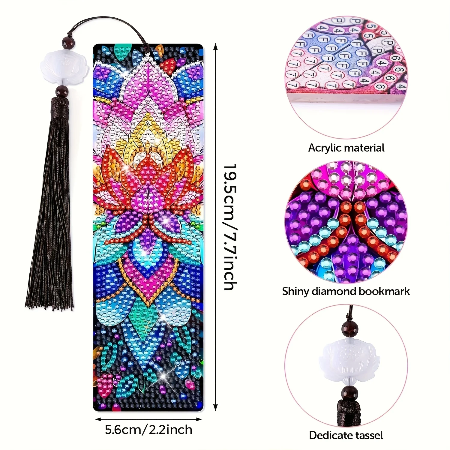 8-Piece DIY Lotus Diamond Painting Set Bookmarks, Acrylic Crystal Rhinestone Bookmarks with Pendants, Reading Notes