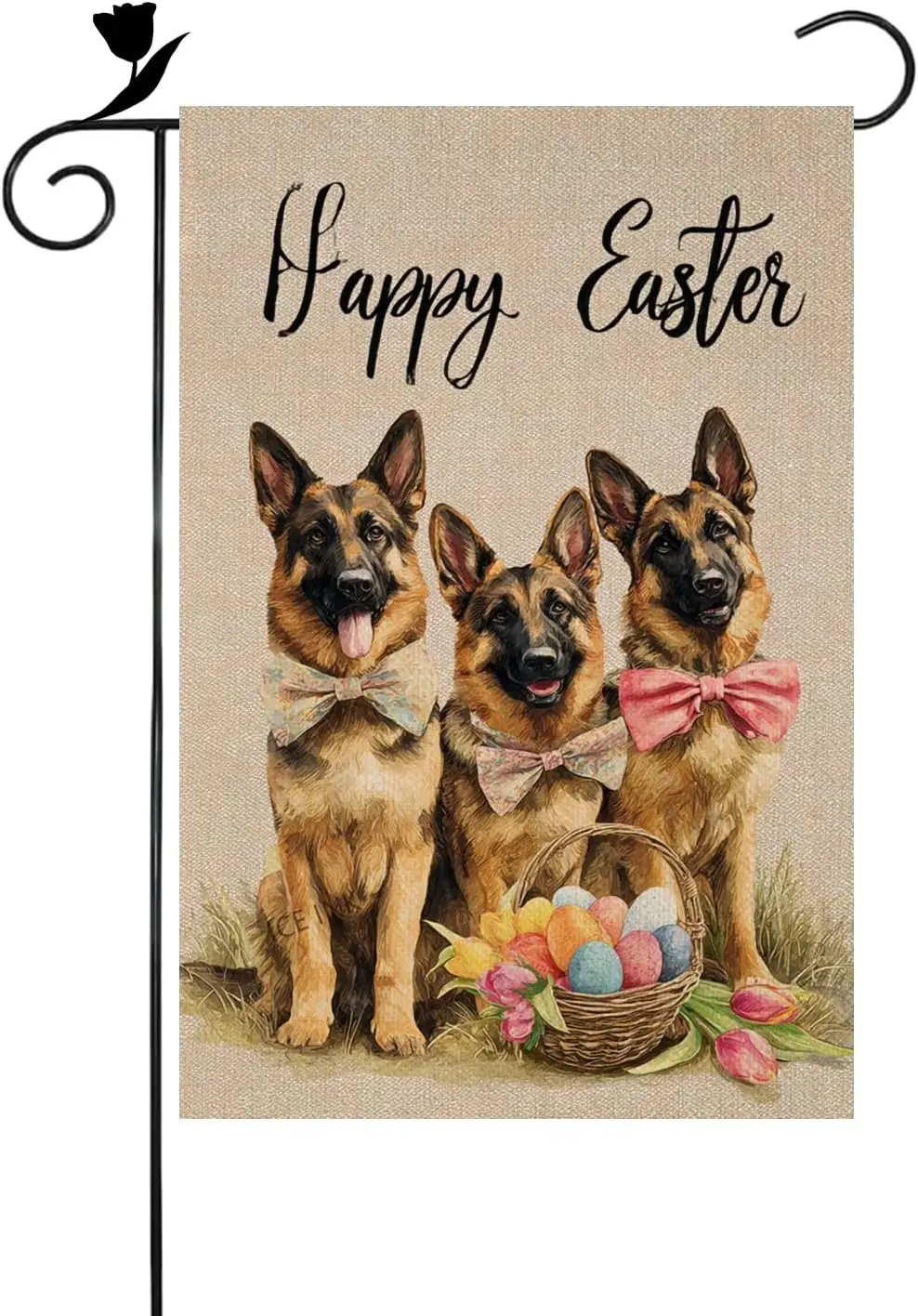 Ice ink Happy Easter German Shepherd Egg Basket 12x18 Inch Double Sided Linen Small Yard Flag House Flags for Outdoor Home D AAS
