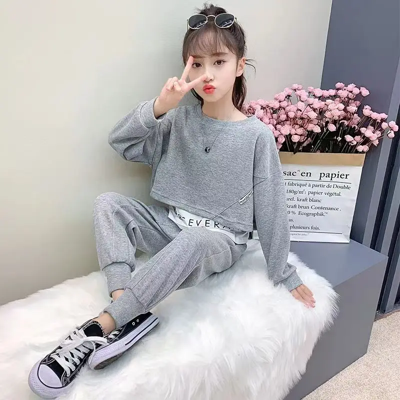 2024 autumn teenager Gray girls Sport Suit Clothes Long Sleeve Top sweatshirt & Legging Pants 6 7 8 9 10 11 12 Years Child set