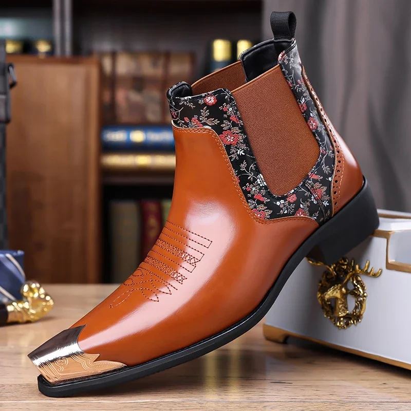 

Мужские высокие ботинки из искусственной кожи в стиле пэчворк с острым носком, модные классические мужские ботинки челси, размер 38-48
