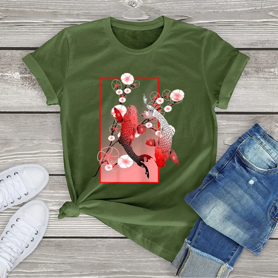 FLC 100% Cotton Japanese Koi Carp Nishikigoi Fish Cherry Blossom Clothing Gift Women T-Shirt Printed Top Unisex Femme Casual Tee