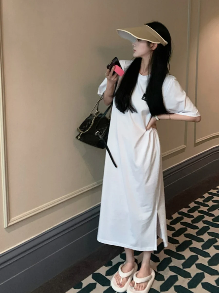 Black Short Sleeve T-Shirt Dress Women Summer Loose Midi Knee-Length Back Printed Draping A-Line Dress Korean Style Commute