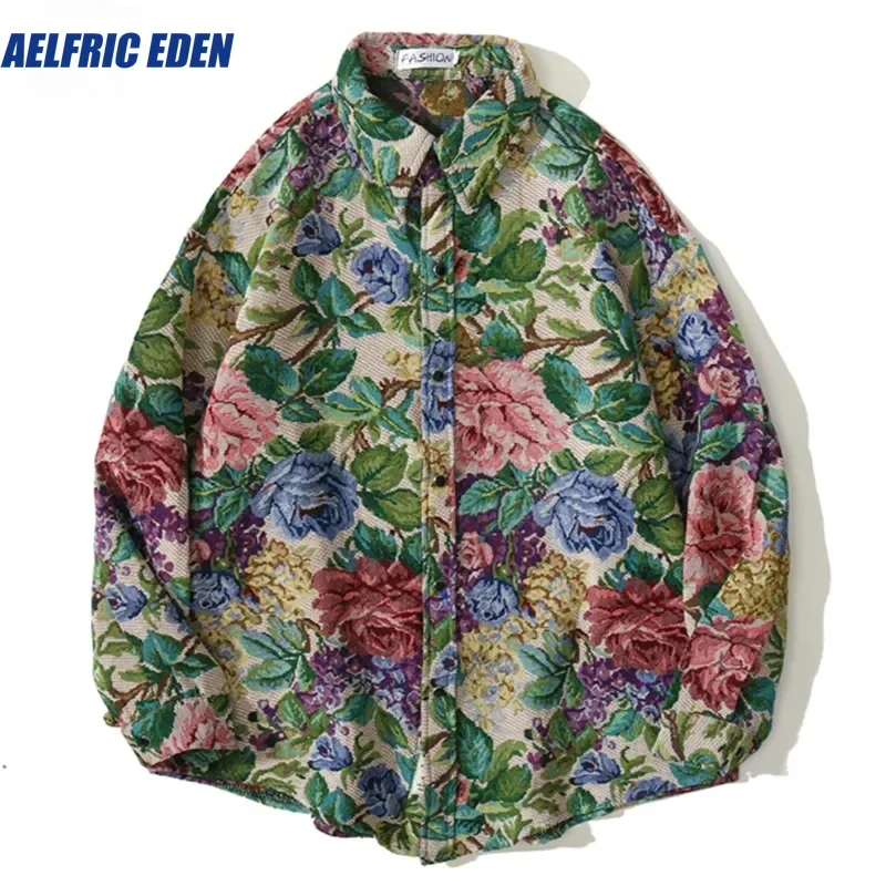 

Aelfric Eden Shirt Men Vintage Watercolor Floral Print Oversized Shirts Coat Autumn Retro Harajuku Hip Hop Casual Streetwear Top