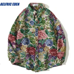 Aelfric Eden Shirt Men Vintage Watercolor Floral Print Oversized Shirts Coat Autumn Retro Harajuku Hip Hop Casual Streetwear Top